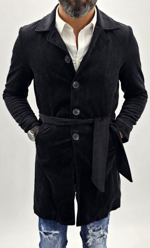 cappotto uomo trench millerighe nero cintura foderato ecopelliccia