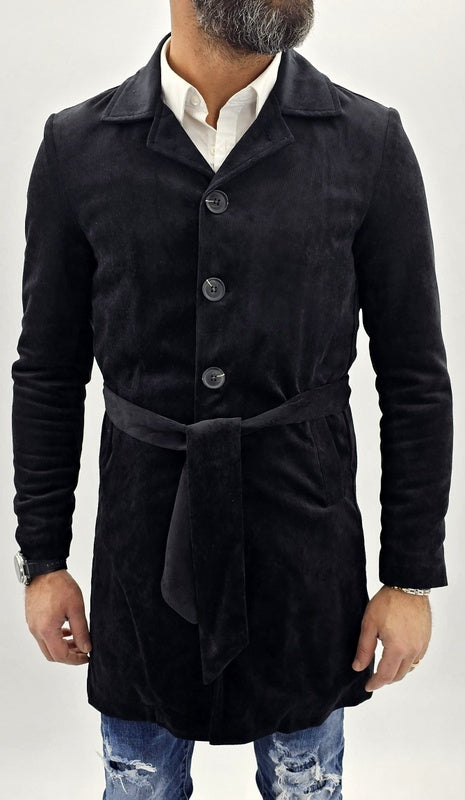 cappotto uomo trench millerighe nero cintura foderato ecopelliccia