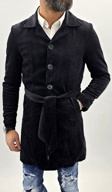 cappotto uomo trench millerighe nero cintura foderato ecopelliccia
