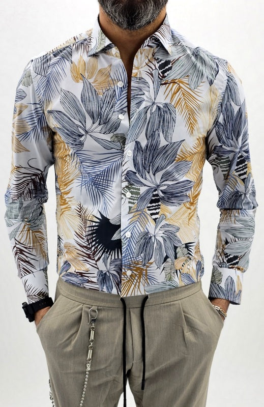Camicia uomo Tessuto Elastico Collo Floreale celeste Manica lunga Foglie slim