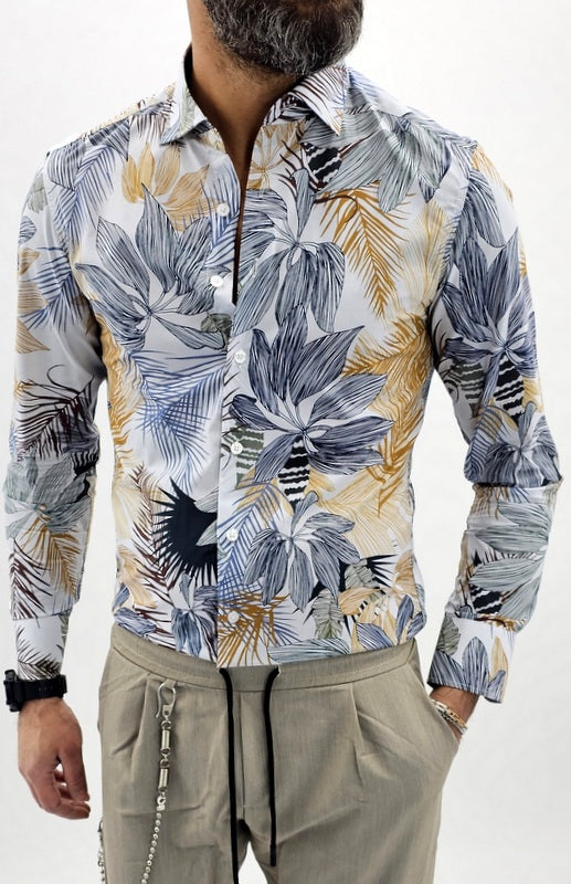 Camicia uomo Tessuto Elastico Collo Floreale celeste Manica lunga Foglie slim