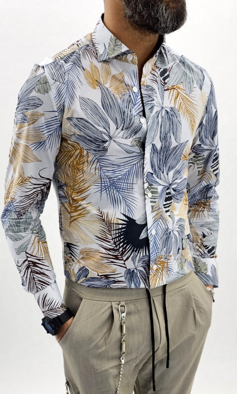 Camicia uomo Tessuto Elastico Collo Floreale celeste Manica lunga Foglie slim