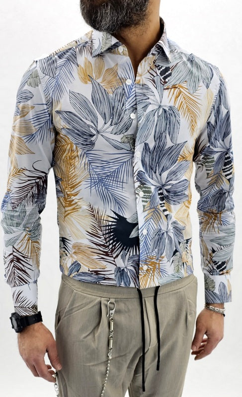 Camicia uomo Tessuto Elastico Collo Floreale celeste Manica lunga Foglie slim