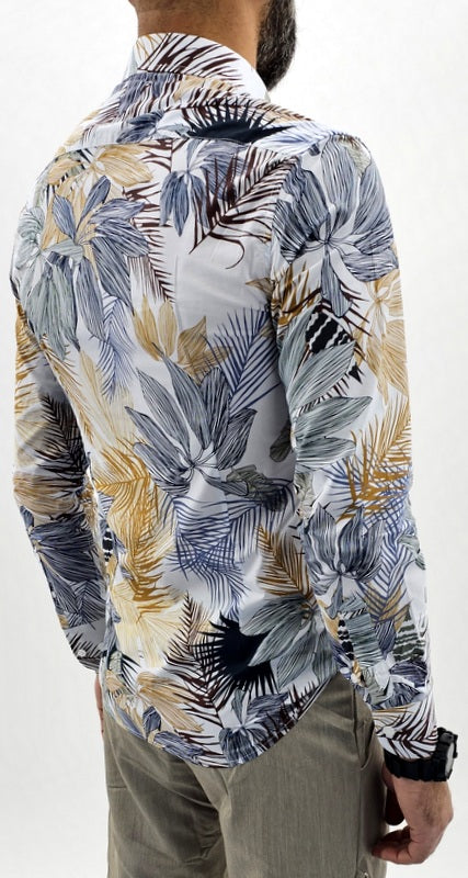 Camicia uomo Tessuto Elastico Collo Floreale celeste Manica lunga Foglie slim