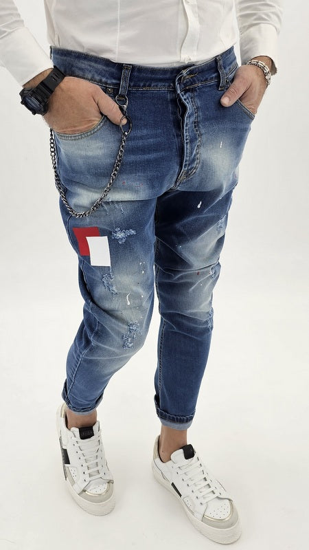 jeans uomo cavallo basso toppe strappi catena estraibile 42,44,46,48,50,52,54