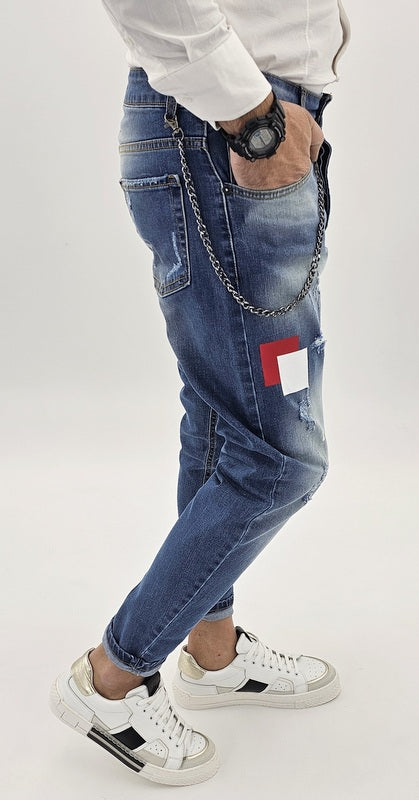 jeans uomo cavallo basso toppe strappi catena estraibile 42,44,46,48,50,52,54