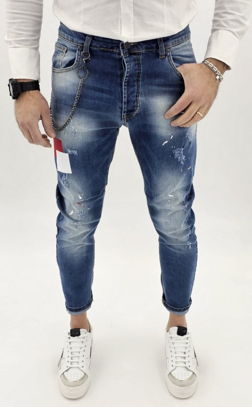 jeans uomo cavallo basso toppe strappi catena estraibile 42,44,46,48,50,52,54