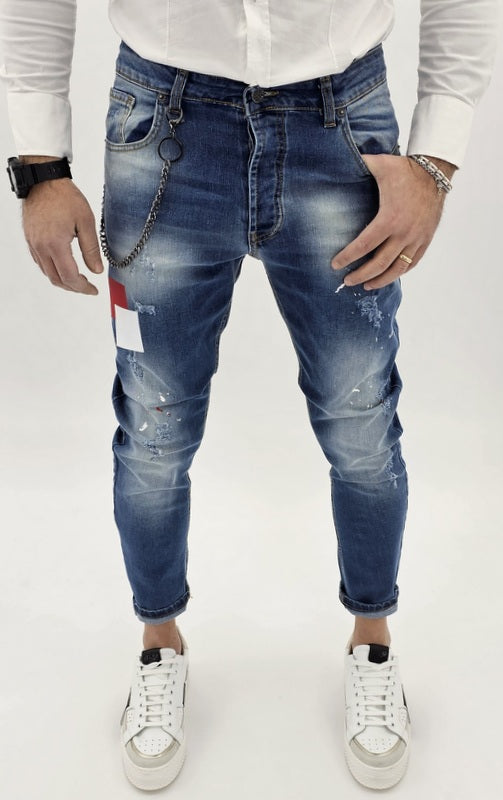 jeans uomo cavallo basso toppe strappi catena estraibile 42,44,46,48,50,52,54