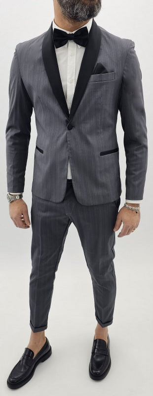 Abito uomo smoking grigio rigato gessato 1 bottone rasato giacca e pantalone 44.46.48.50.52