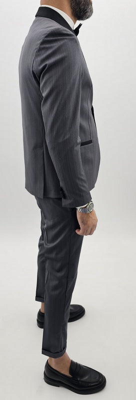 Abito uomo smoking grigio rigato gessato 1 bottone rasato giacca e pantalone 44.46.48.50.52