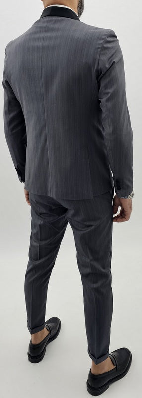 Abito uomo smoking grigio rigato gessato 1 bottone rasato giacca e pantalone 44.46.48.50.52