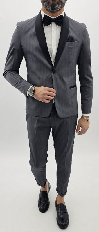 Abito uomo smoking grigio rigato gessato 1 bottone rasato giacca e pantalone 44.46.48.50.52