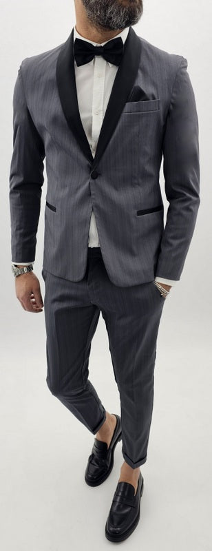 Abito uomo smoking grigio rigato gessato 1 bottone rasato giacca e pantalone 44.46.48.50.52