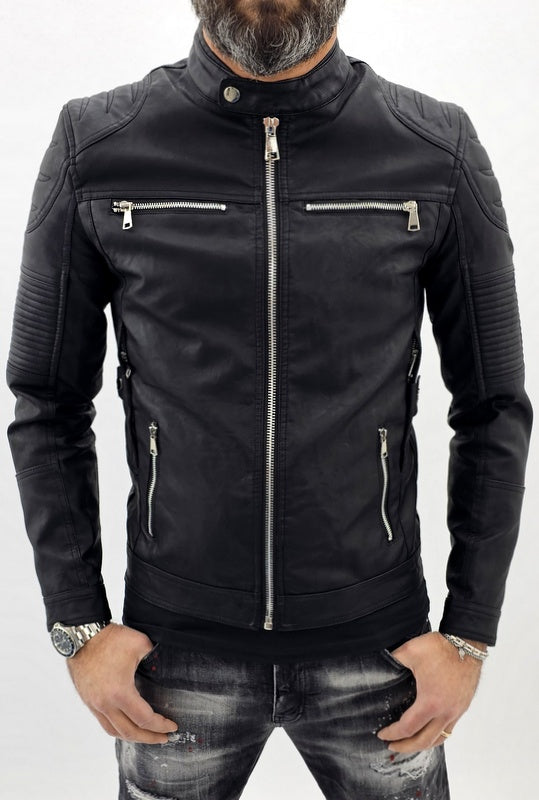 Giubbino Uomo Giubbotto Foderato Eco pelle Coreana Nero Bikers Slim Fit zip