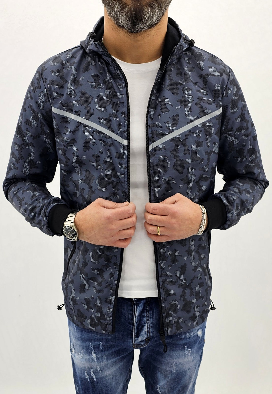 Parka cappuccio uomo giubbino impermeabile mimetico lungo giacca nero/blu