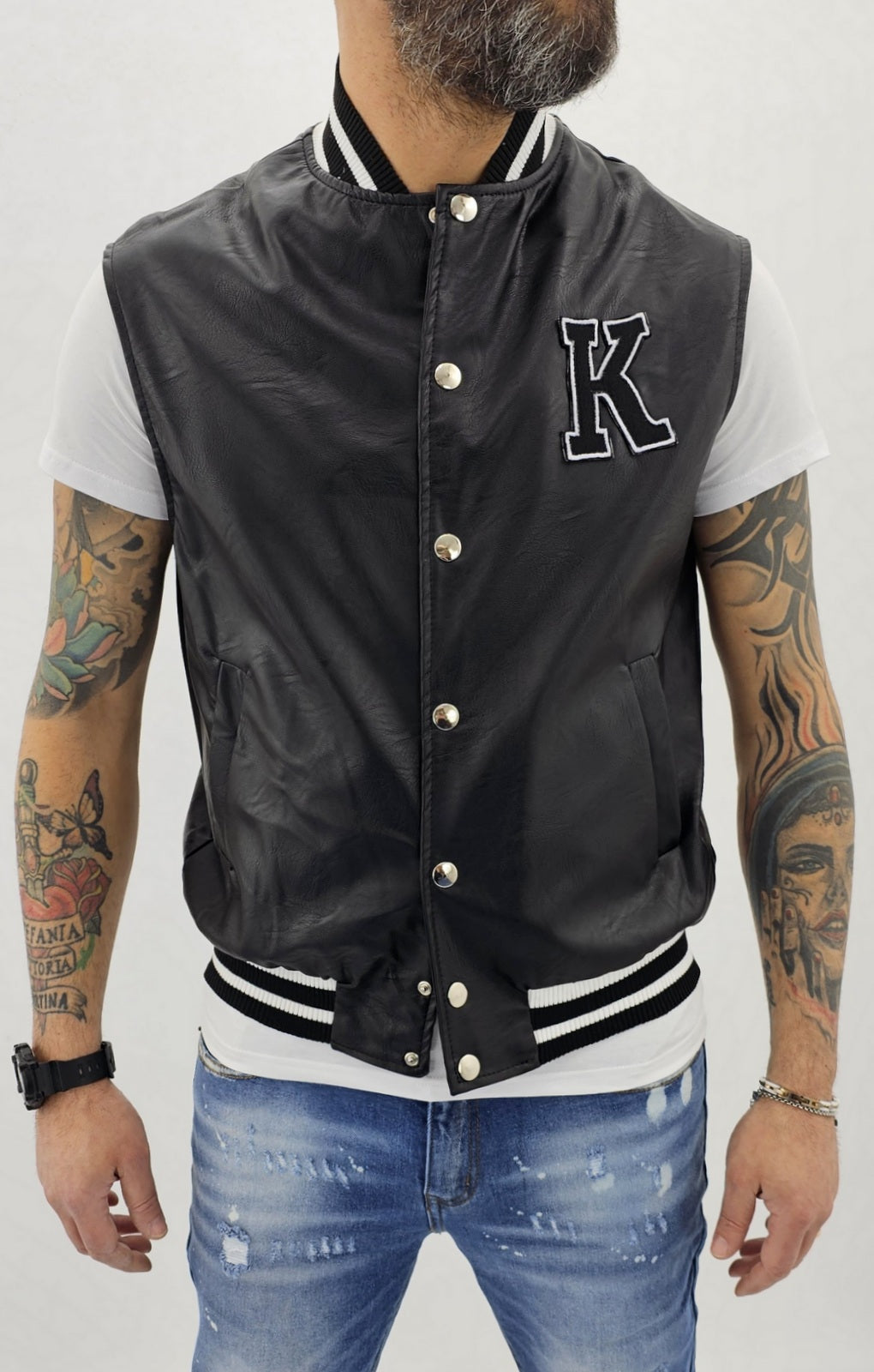 Smanicato gilet' Uomo college over size Foderato Eco pelle Nero Primaverile