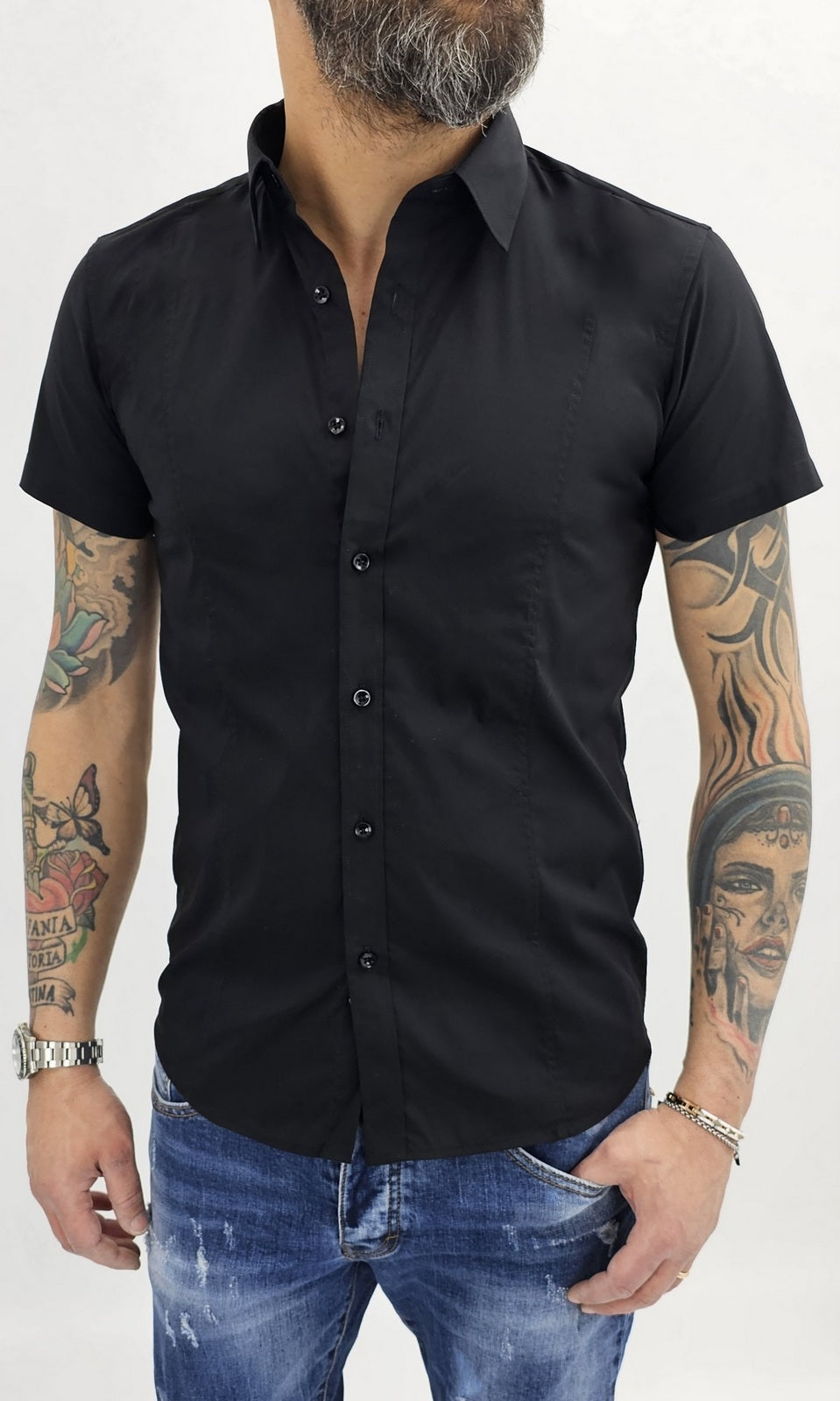 Camicia uomo slim fit in cotone a maniche corte aderente elasticizzata pence