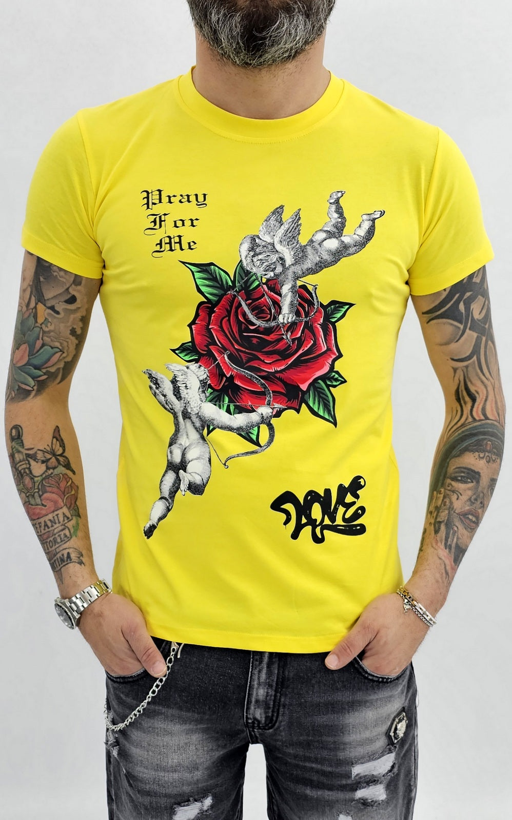T-shirt uomo Maglia Manica stampa Angels Nero/giallo/bianco s,m,l,xl