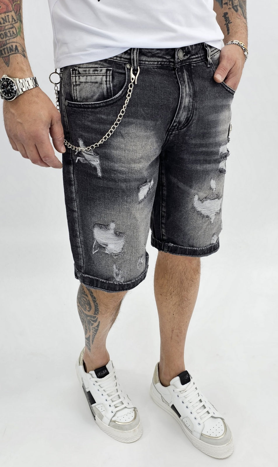 Bermuda Uomo Jeans nero sfumato Catena estraibile strappi