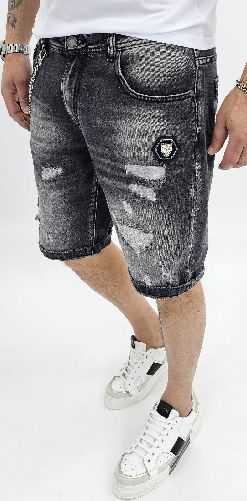Bermuda Uomo Jeans nero sfumato Catena estraibile strappi