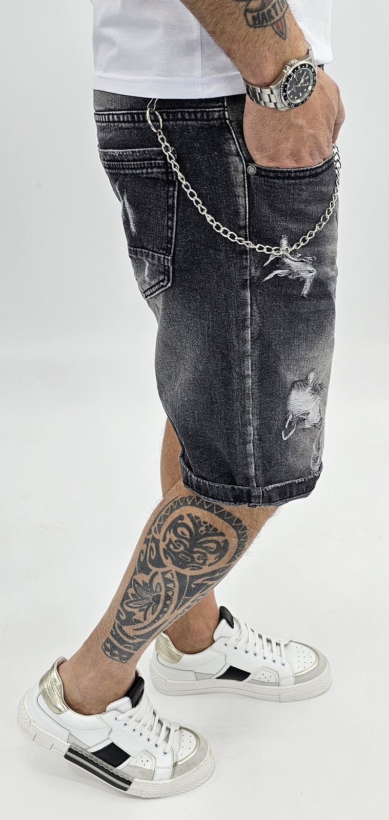 Bermuda Uomo Jeans nero sfumato Catena estraibile strappi