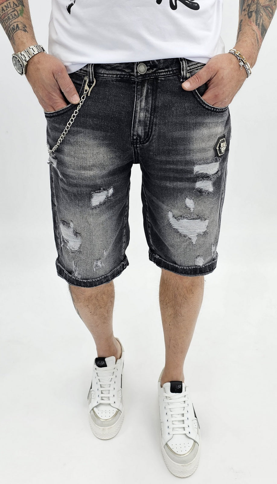 Bermuda Uomo Jeans nero sfumato Catena estraibile strappi