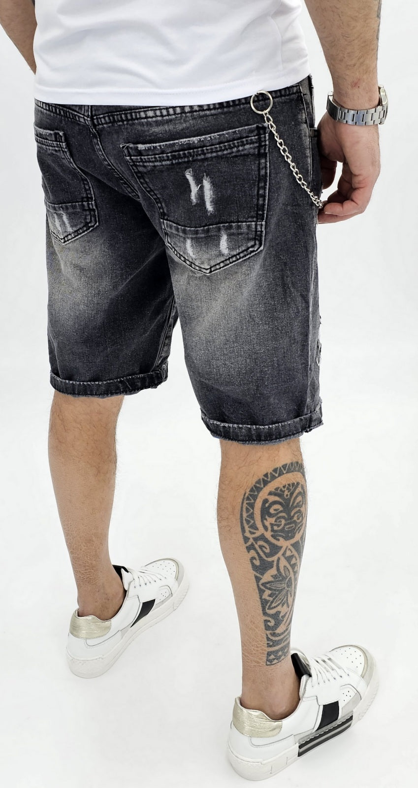 Bermuda Uomo Jeans nero sfumato Catena estraibile strappi