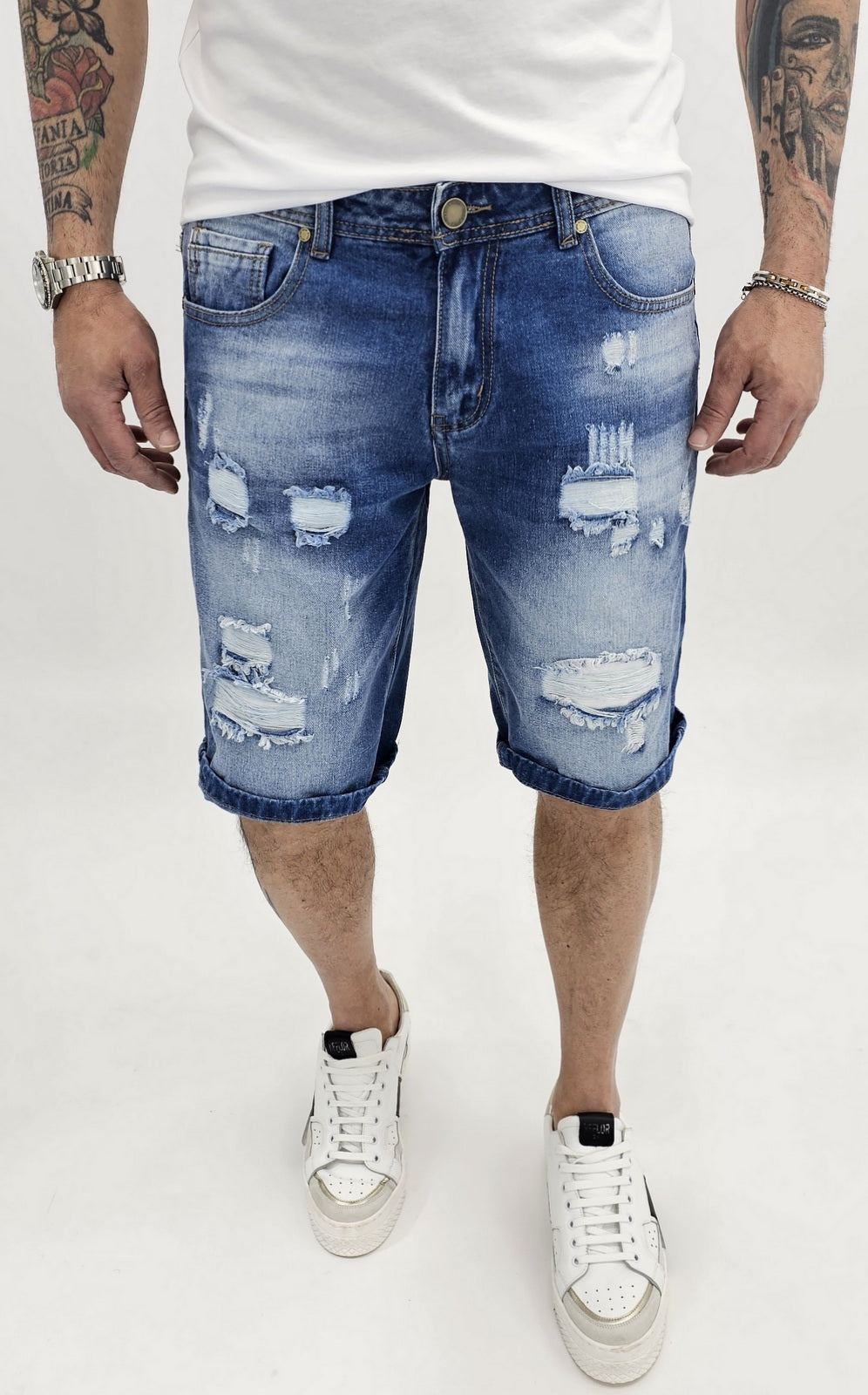 Pantaloncini Uomo Bermuda Jeans Catena strappi Pantaloni Corti Cotone