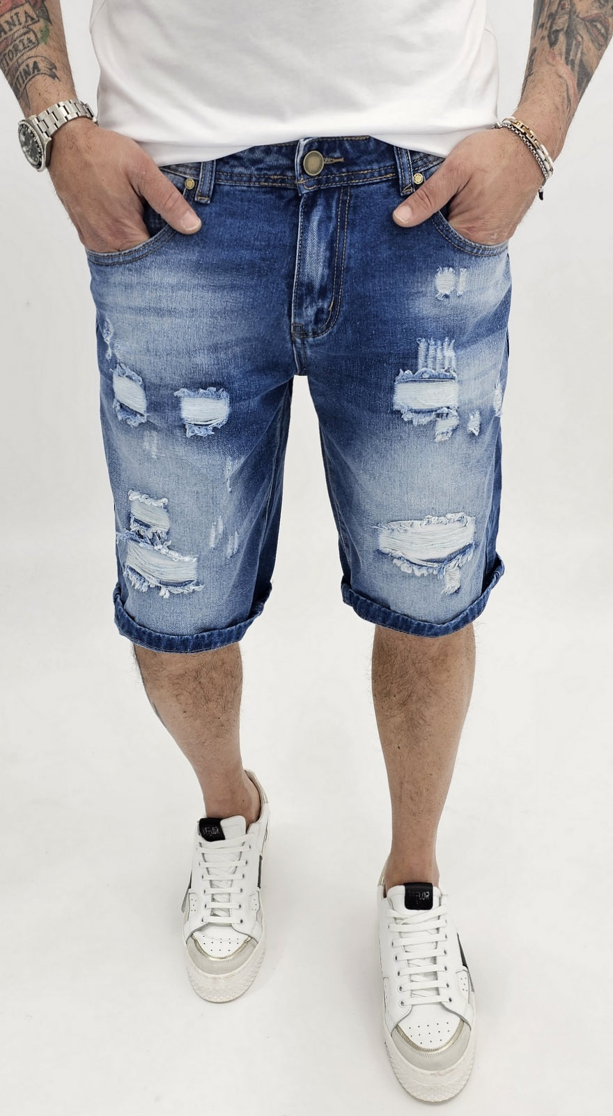 Pantaloncini Uomo Bermuda Jeans Catena strappi Pantaloni Corti Cotone