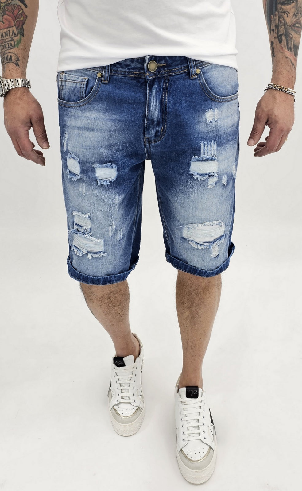 Pantaloncini Uomo Bermuda Jeans Catena strappi Pantaloni Corti Cotone