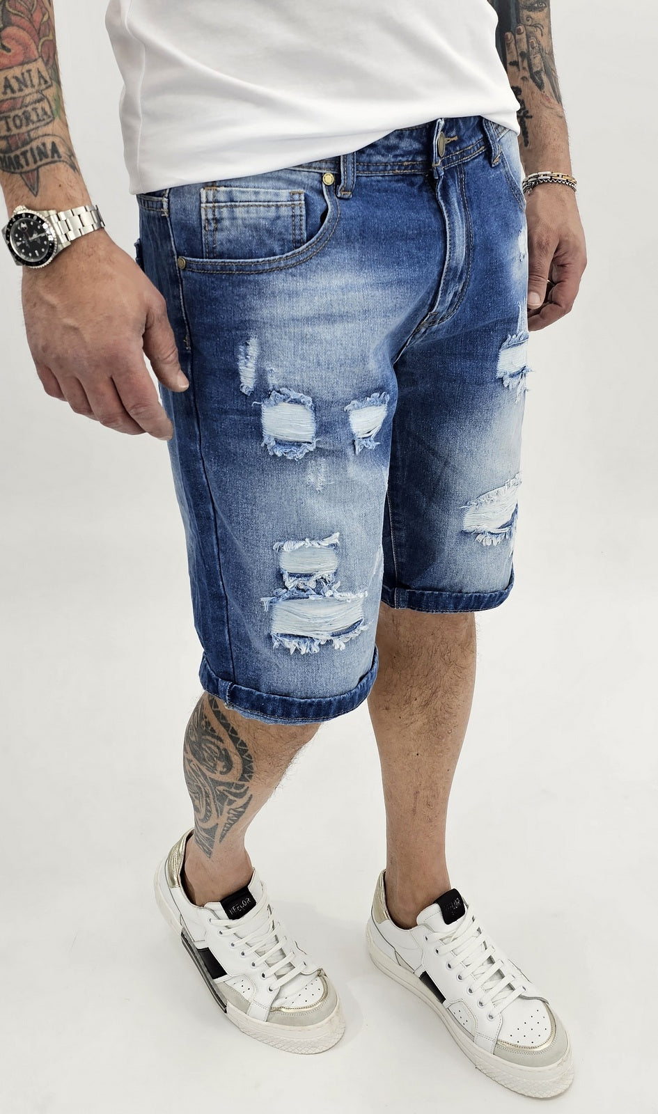 Pantaloncini Uomo Bermuda Jeans Catena strappi Pantaloni Corti Cotone