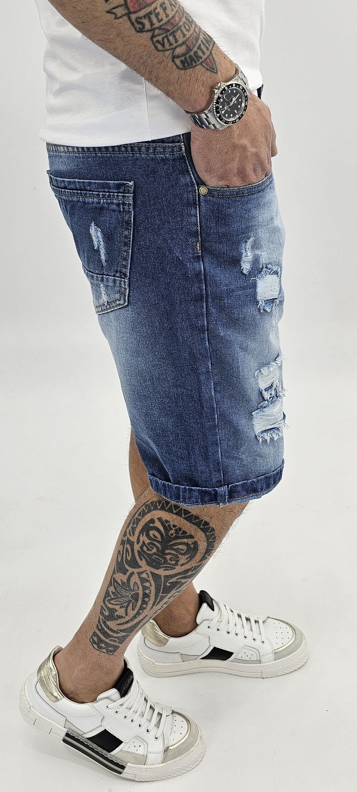 Pantaloncini Uomo Bermuda Jeans Catena strappi Pantaloni Corti Cotone