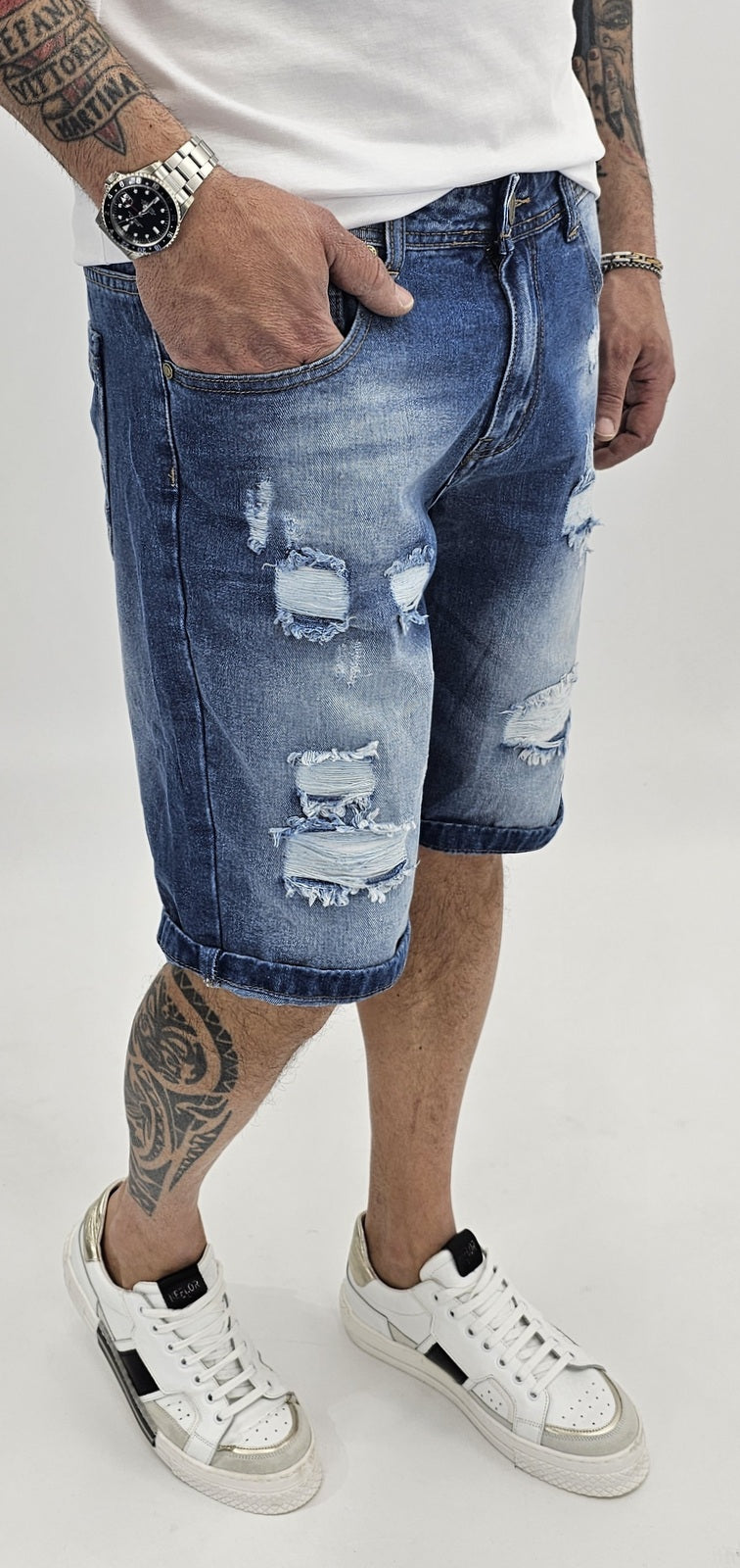 Pantaloncini Uomo Bermuda Jeans Catena strappi Pantaloni Corti Cotone