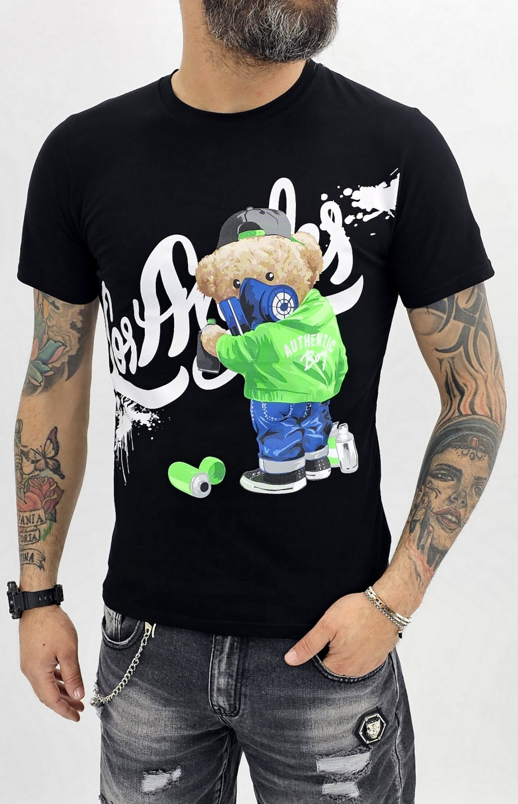 T-shirt uomo Maglia Manica stampa LOS ANGELES Nero/bianco s,m,l,xl