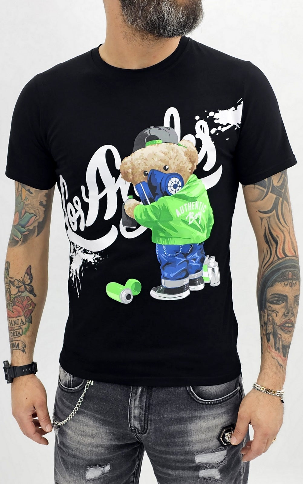 T-shirt uomo Maglia Manica stampa LOS ANGELES Nero/bianco s,m,l,xl