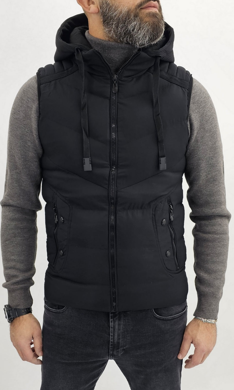 Giacca Uomo giubbino gilet smanicato giromanica nero cappuccio Slim corto casual