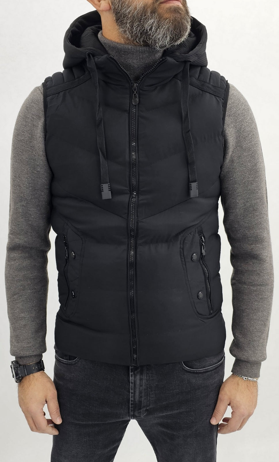 Giacca Uomo giubbino gilet smanicato giromanica nero cappuccio Slim corto casual