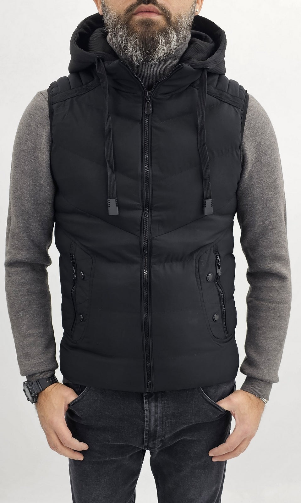 Giacca Uomo giubbino gilet smanicato giromanica nero cappuccio Slim corto casual