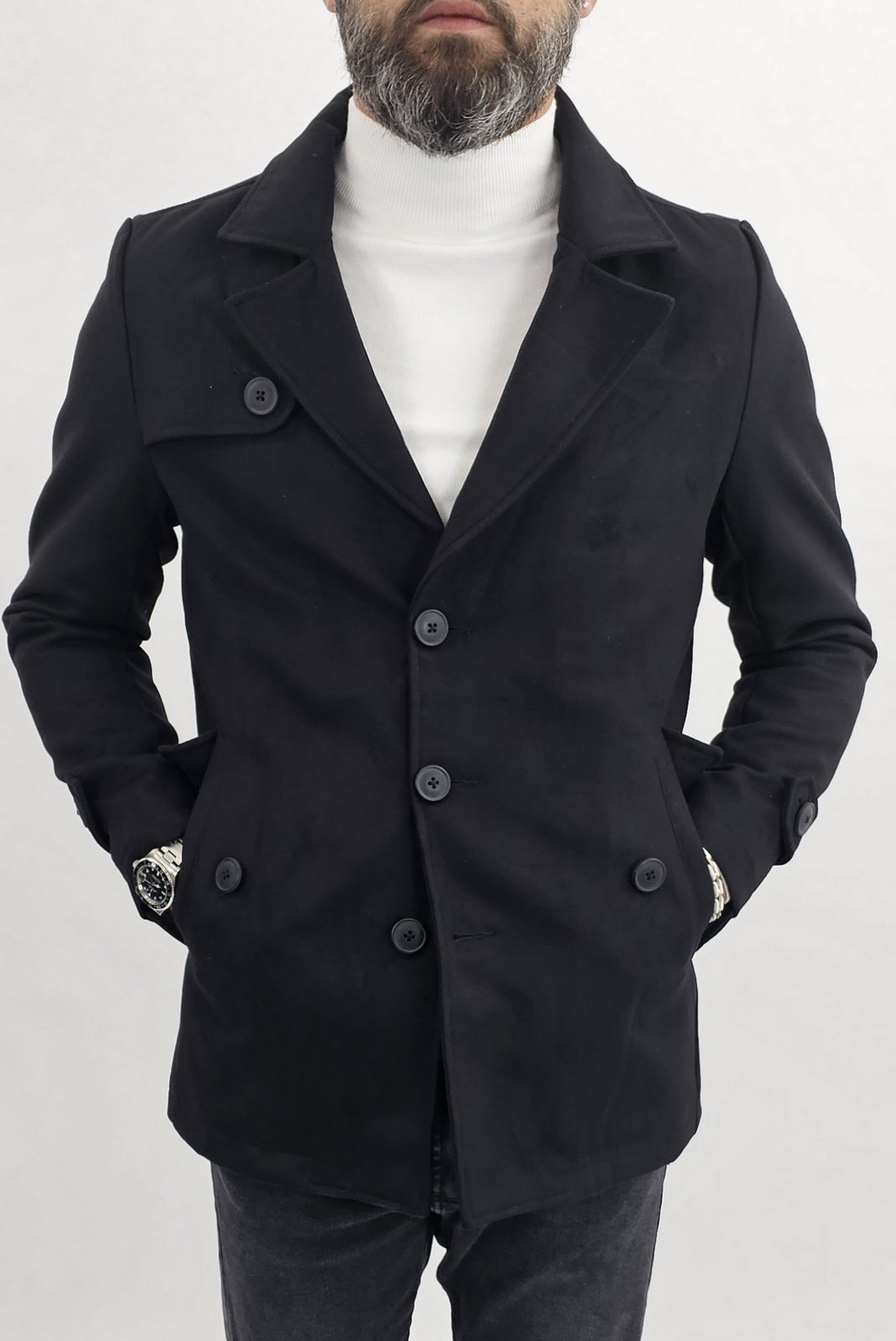 Cappotto Uomo Invernale monopetto Giacca Slim fit scamosciato nero