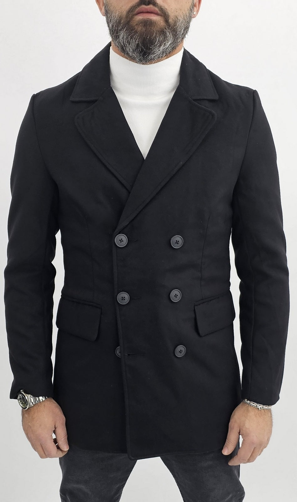 Cappotto Uomo Invernale doppiopetto Giacca Slim fit scamosciato nero