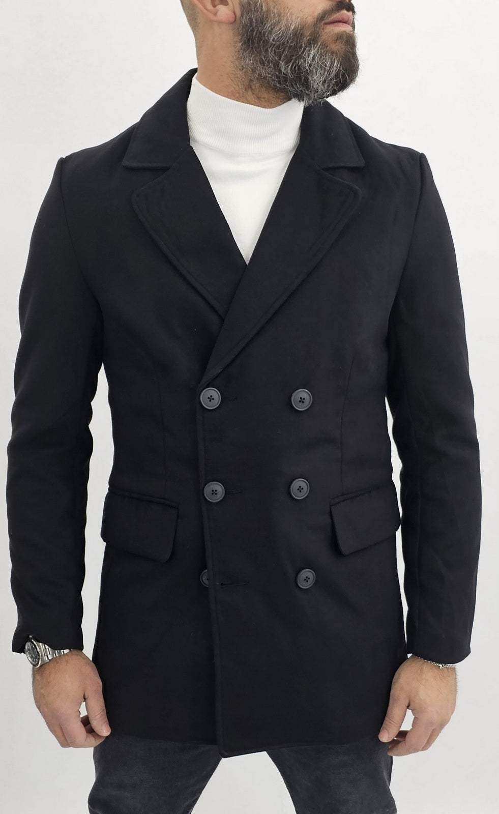 Cappotto Uomo Invernale doppiopetto Giacca Slim fit scamosciato nero