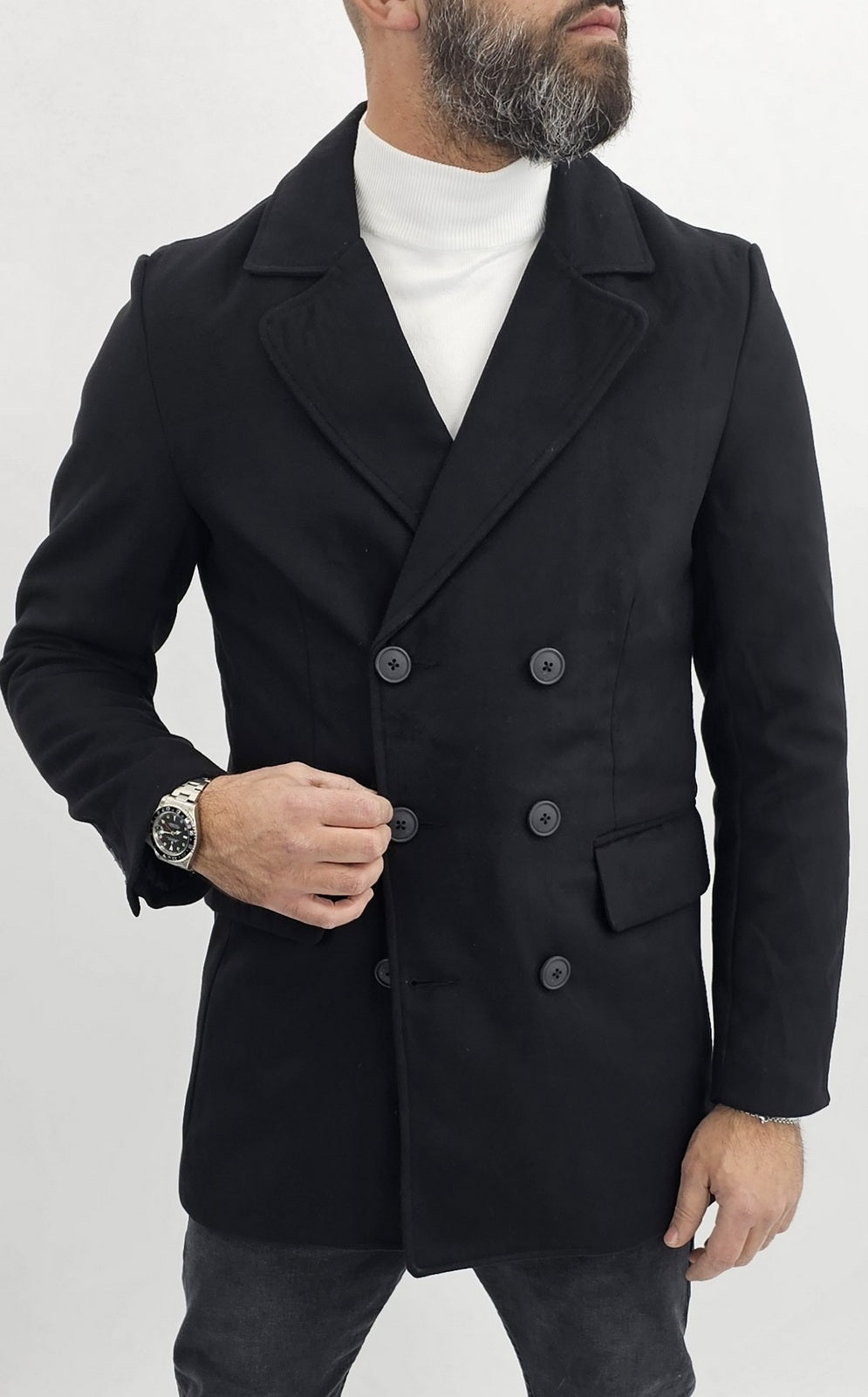 Cappotto Uomo Invernale doppiopetto Giacca Slim fit scamosciato nero