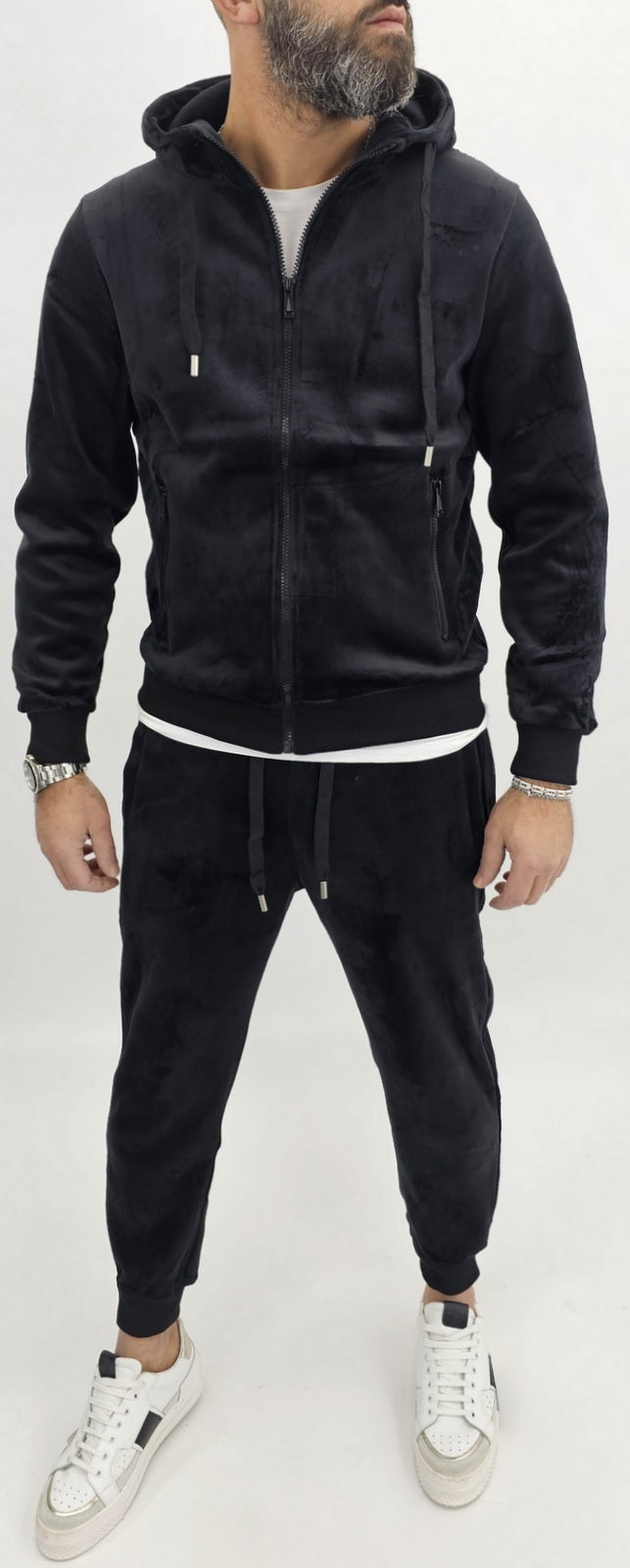 Tuta Completo Uomo Felpa camoscio nero sport Cappuccio Casual s,m,l,xl,xxl