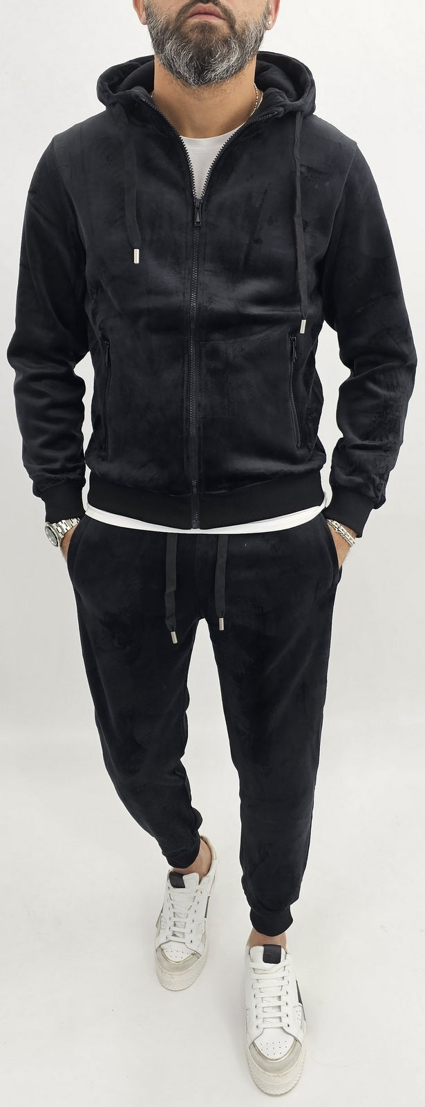Tuta Completo Uomo Felpa camoscio nero sport Cappuccio Casual s,m,l,xl,xxl