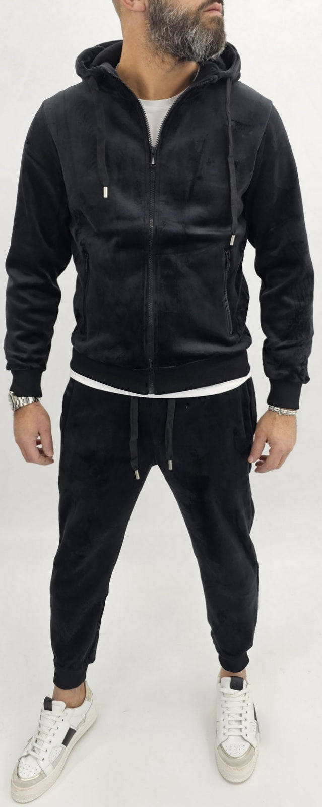 Tuta Completo Uomo Felpa camoscio nero sport Cappuccio Casual s,m,l,xl,xxl