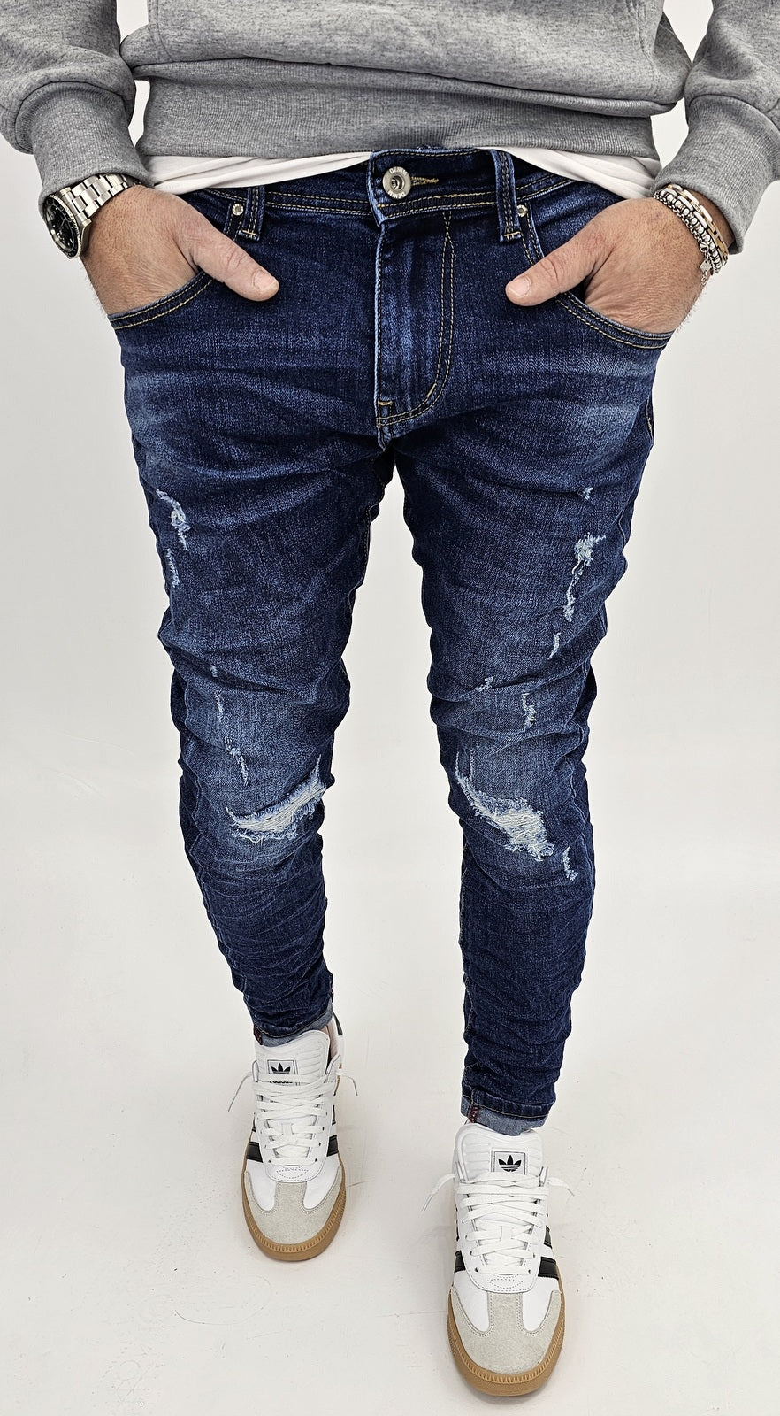 Jeans denim uomo Slim fit elasticizzati strech con strappi toppe blu 051