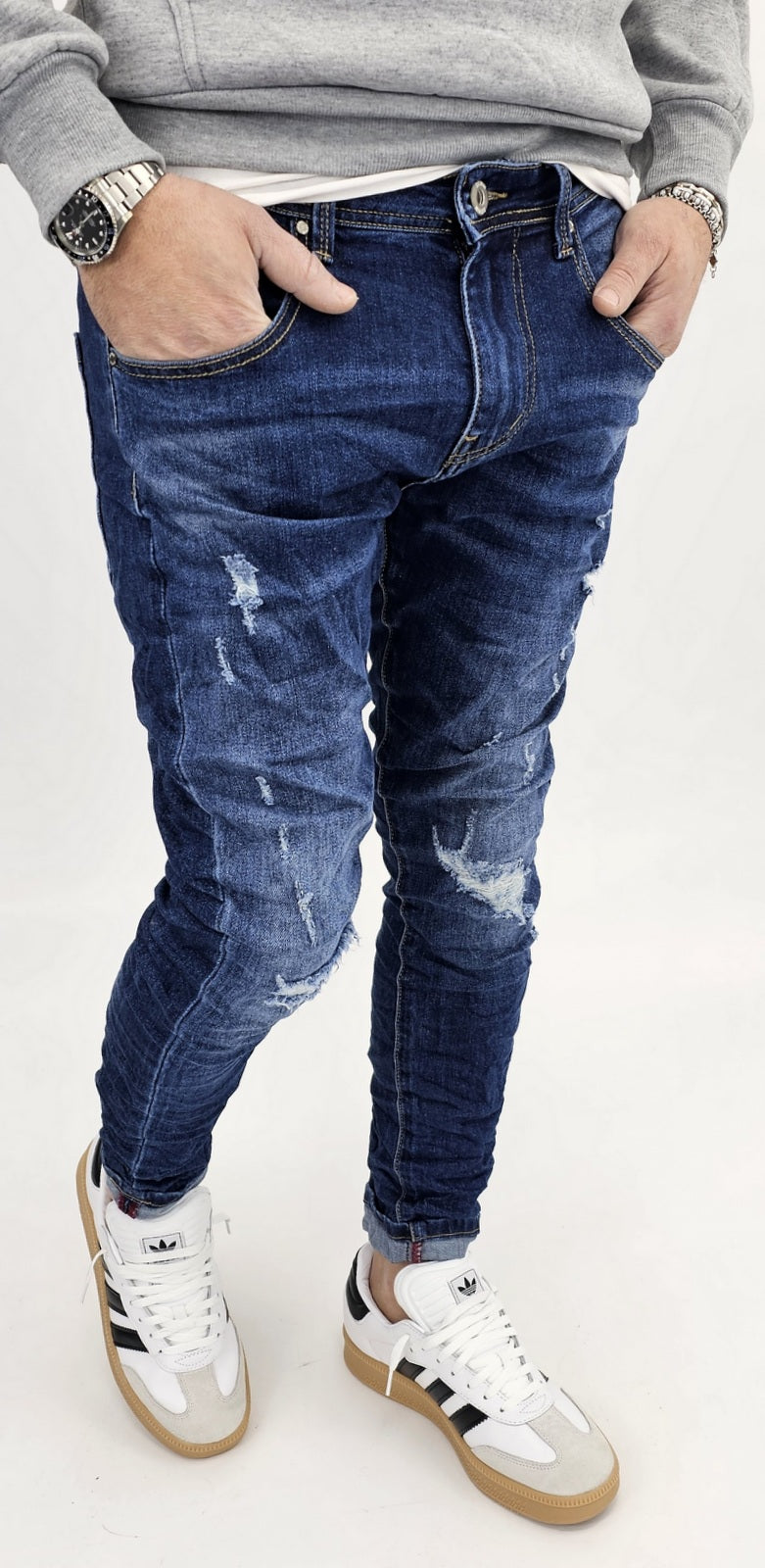 Jeans denim uomo Slim fit elasticizzati strech con strappi toppe blu 051