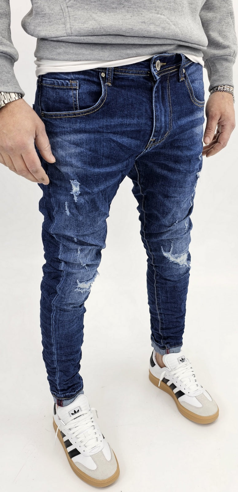 Jeans denim uomo Slim fit elasticizzati strech con strappi toppe blu 051