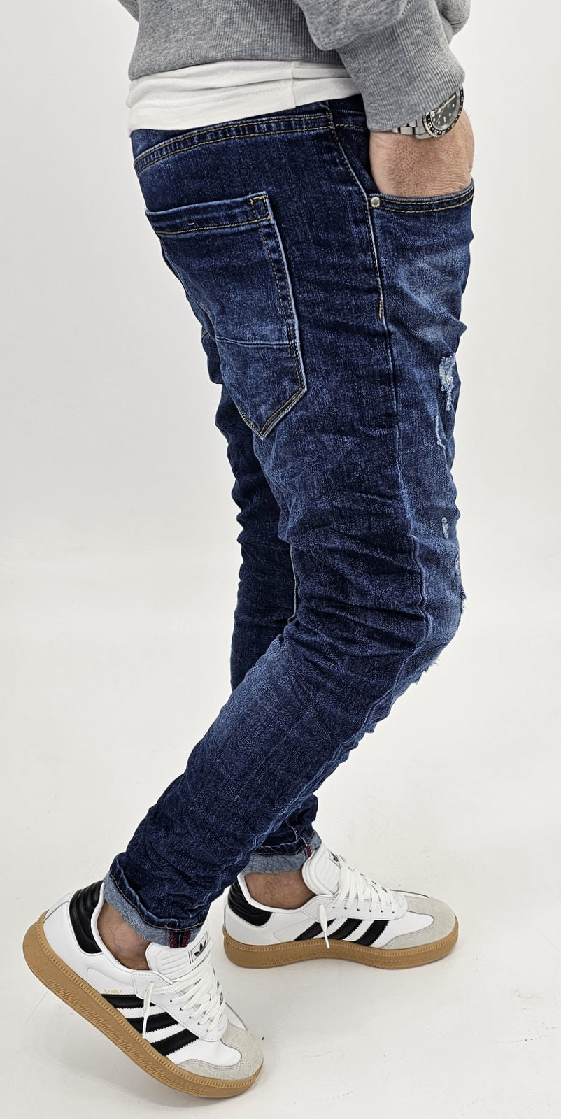 Jeans denim uomo Slim fit elasticizzati strech con strappi toppe blu 051
