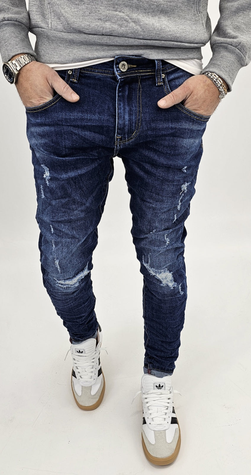 Jeans denim uomo Slim fit elasticizzati strech con strappi toppe blu 051